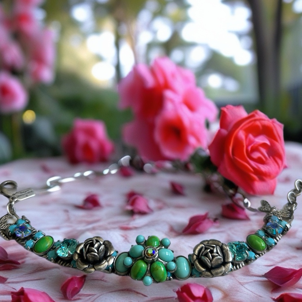 Vintage Mary DeMarco Aqua, Green & Silver Bracelet with Flowers